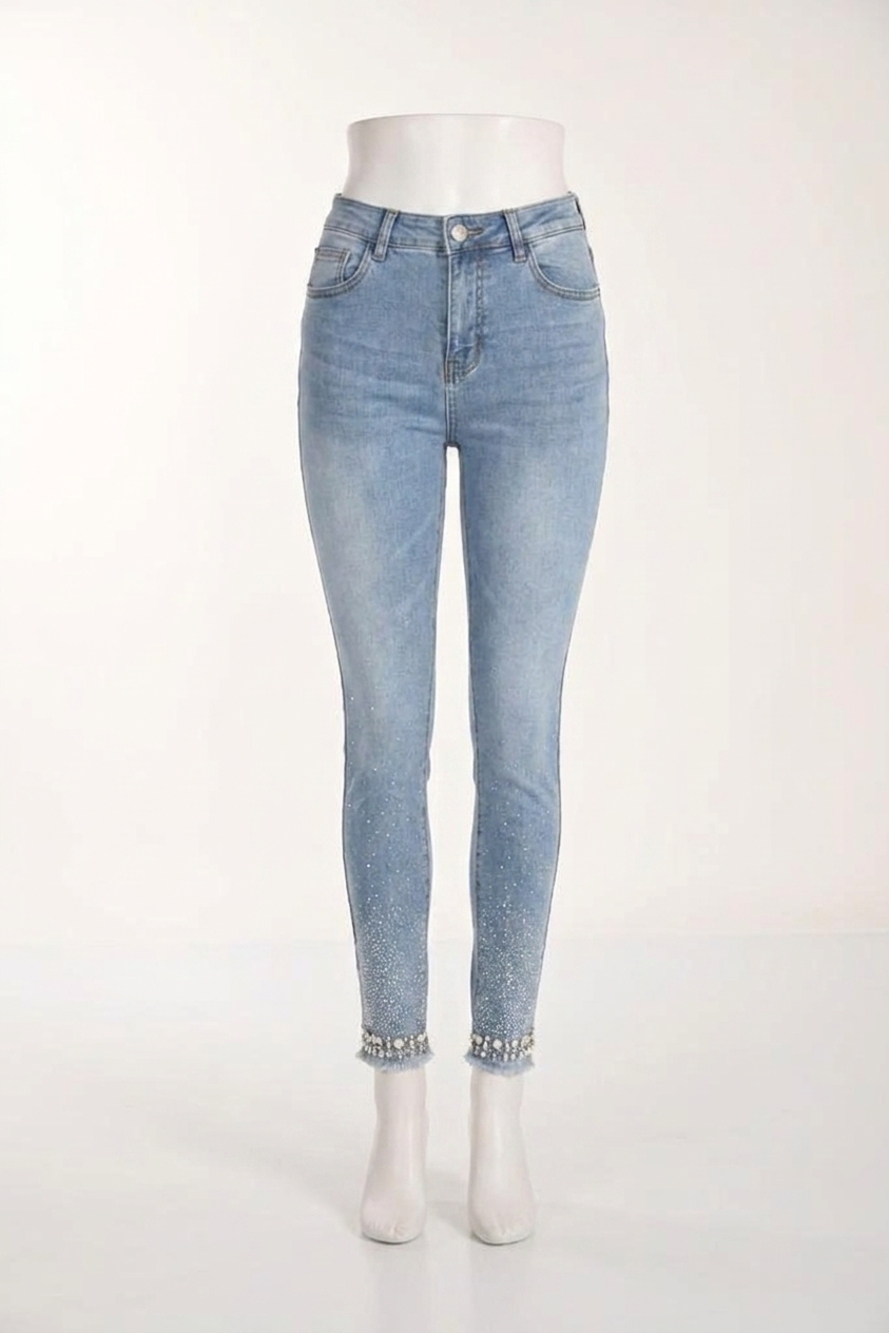 NEW FRANK LYMAN reann rhinestone embellished hem skinny jeans in light blue